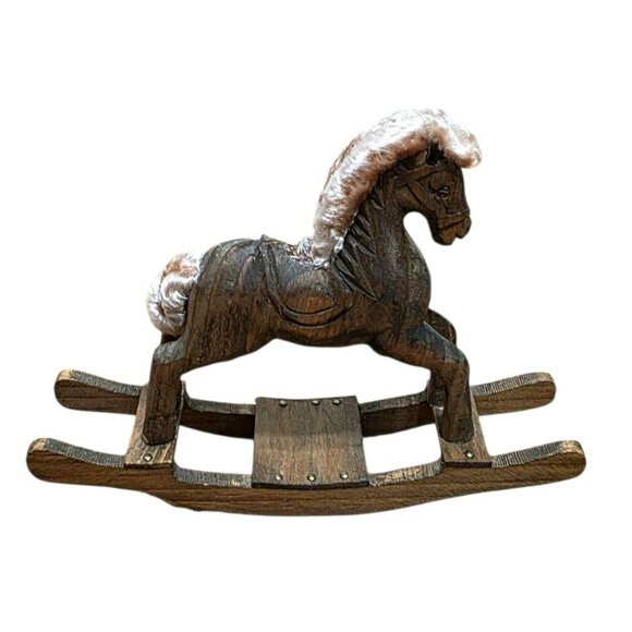 Vintage Hand Carved Wood Rocking Horse Fur Rustic Christmas Holiday Folk Art 7" - Picture 2 of 7